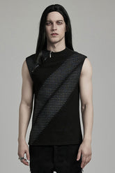 Black Sleeveless Print Asymmetric Zipper Men's Punk Tank Top